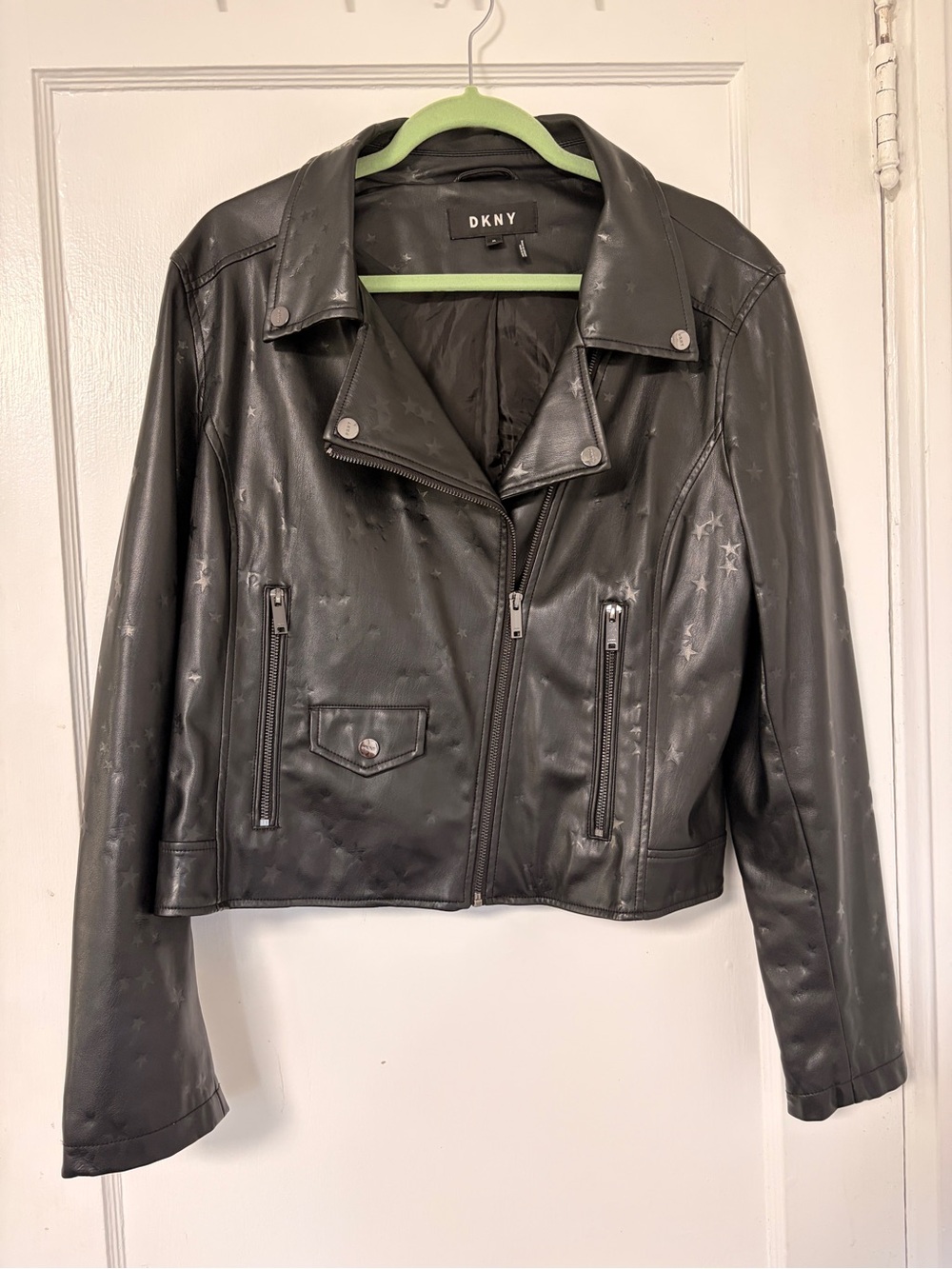 DKNY Black Faux Leather Star-Print Moto Jacket